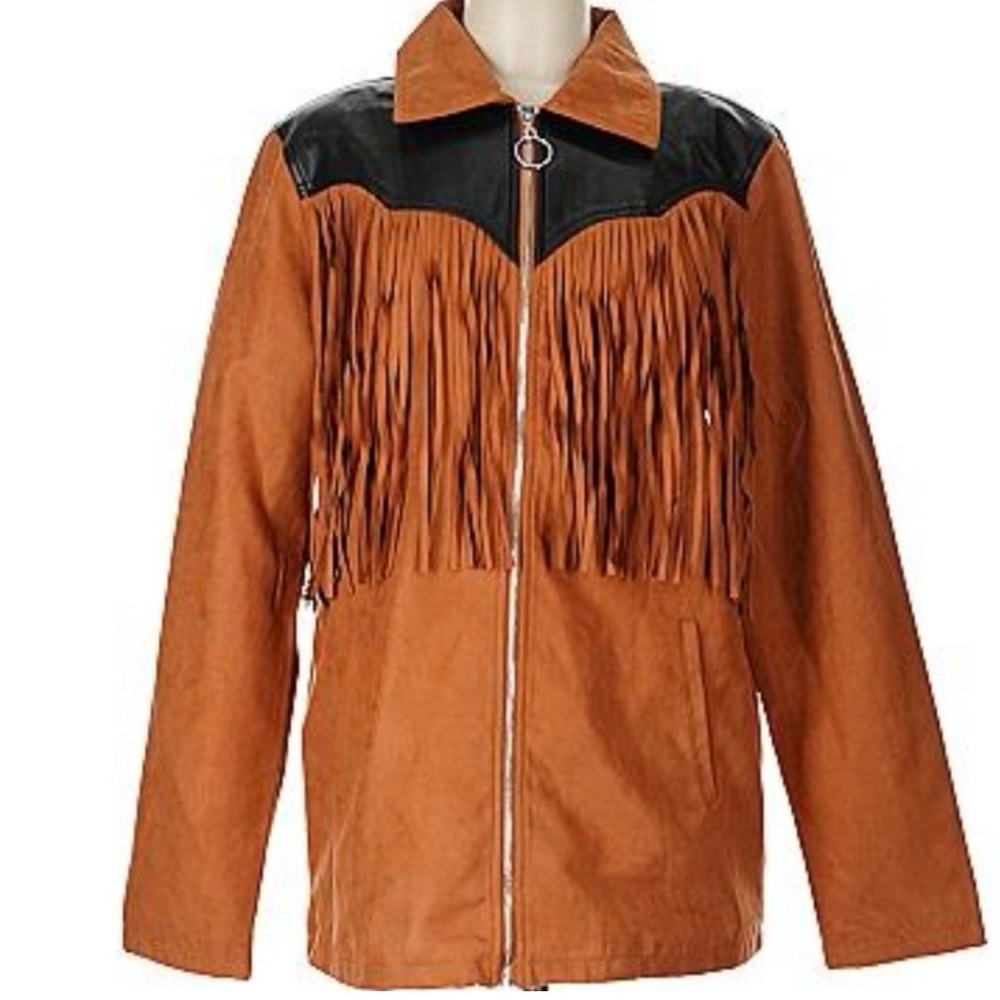 WeWoreWhat Fringe Jacket Faux Suede Western Style Black Faux Leather Detail XS